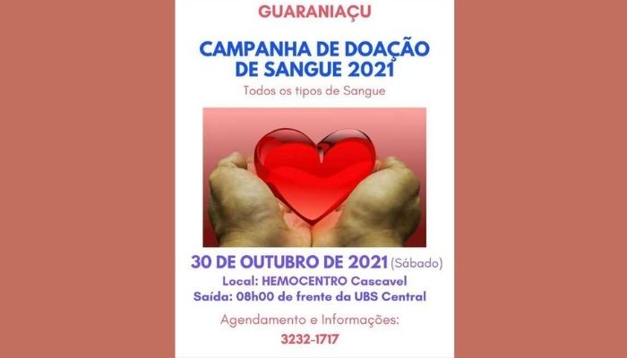 Guaraniaçu - A Secretaria Municipal de Saúde comunica que está aberta à campanha de doação de Sangue 2021.